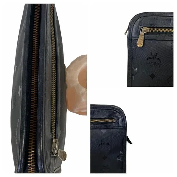 Authentic MCM Clutch Bag Black PVC Used Handbag Vintage On Sale - Picture 5 of 11